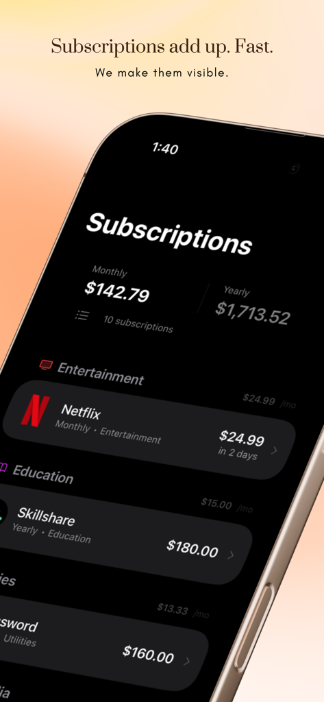 Subcut: Subscription Tracker - Subcut app screen showing monthly and yearly subscription expenses