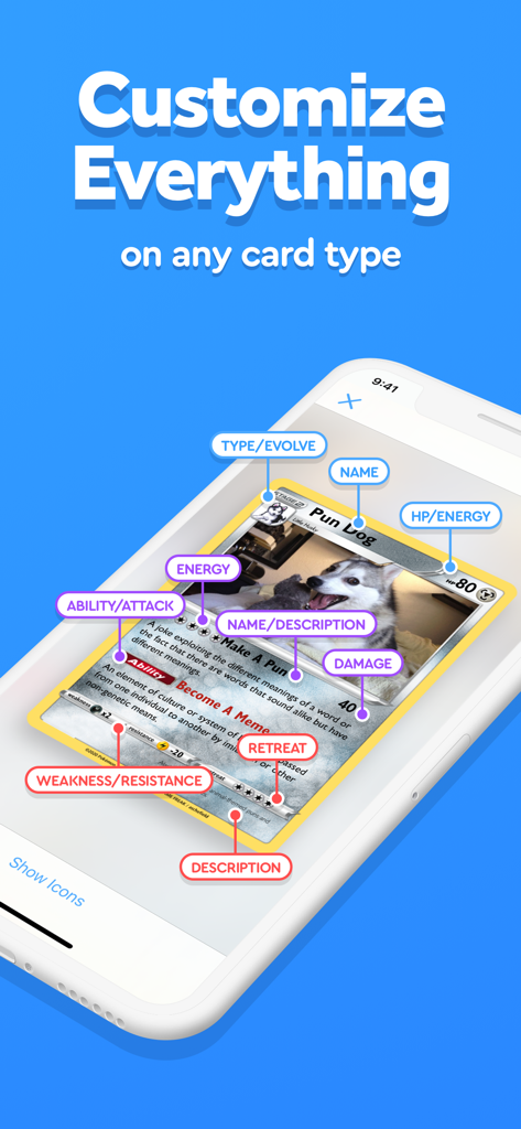 Mobile app interface for PokeArt showing how to customize trading card fields like name HP and abilities