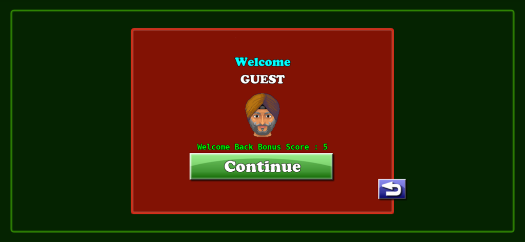 Card Game Coat : Court Piece - Court Piece card game welcome screen showing a guest avatar with a turban and a welcome back bonus score
