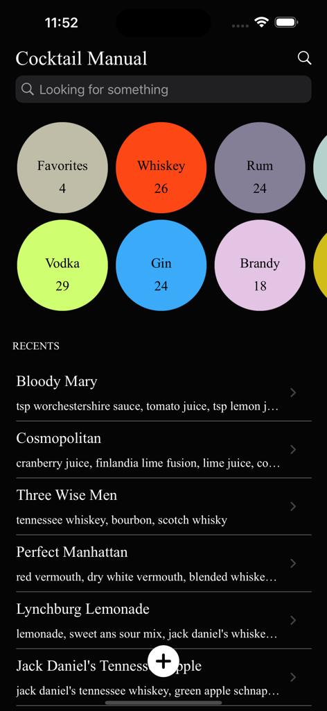 Cocktail Manual app dashboard featuring spirit categories and a list of recently viewed cocktail recipes