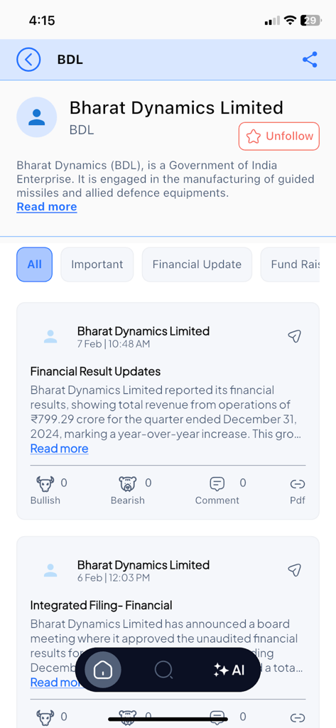 Alpha Tribe: Stock Market - Profil de l'entreprise Bharat Dynamics Limited sur l'application Alpha Tribe montrant les mises à jour financières et le sentiment du marché.