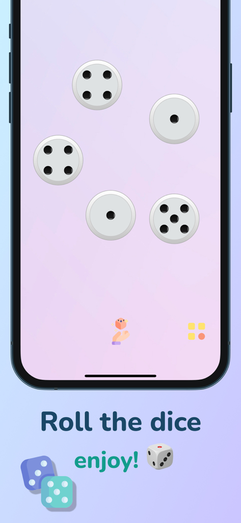 Smartphone screen showing the roll the dice feature of the Random Wheel Generator app