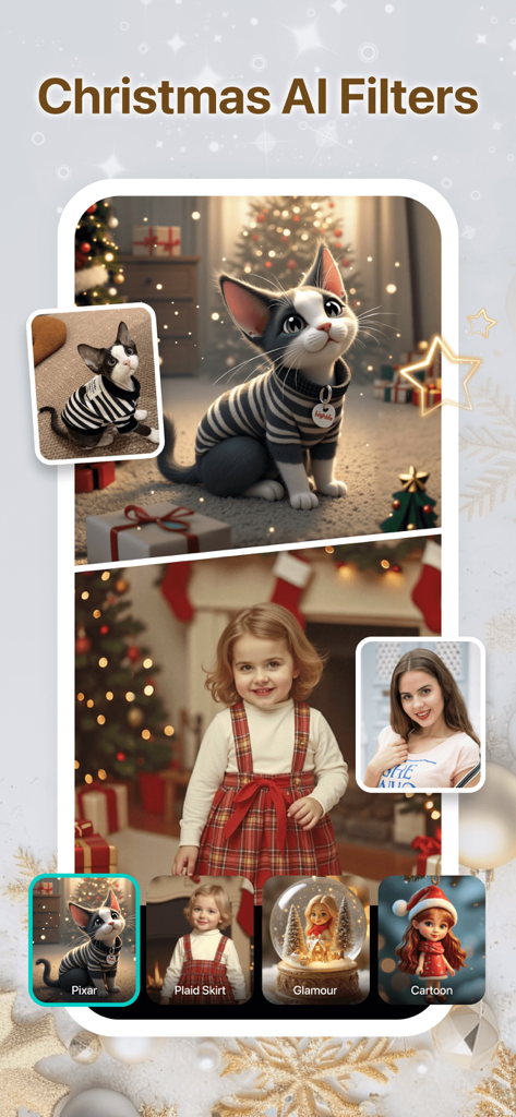 Interface de l'application PhotoGrid affichant des filtres IA de Noël appliqués aux photos d'un chat et d'un enfant