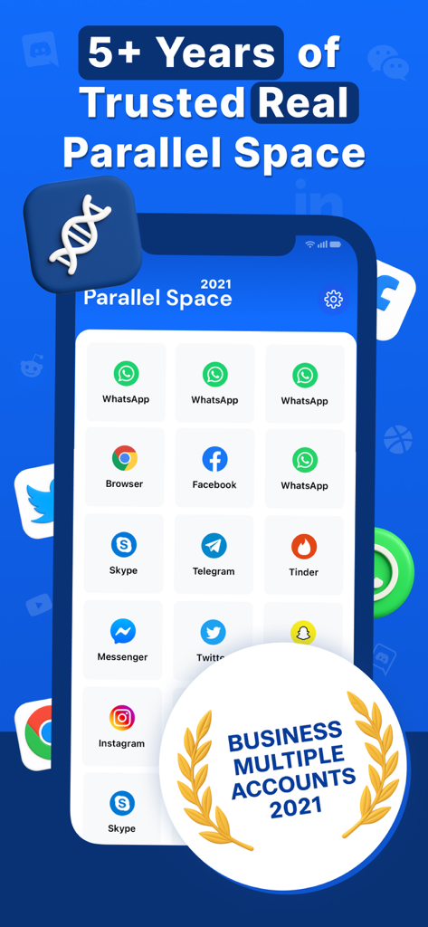 Parallel Space: Dual Accounts' - Interface of the Parallel Space app showing multiple cloned accounts for social media and messaging apps like WhatsApp and Facebook