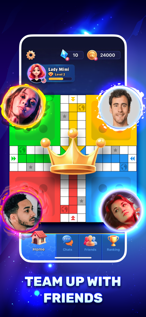 Ludo Clash: Play Ludo Online - Mobile game interface showing a ludo board with four player avatars and a large gold crown