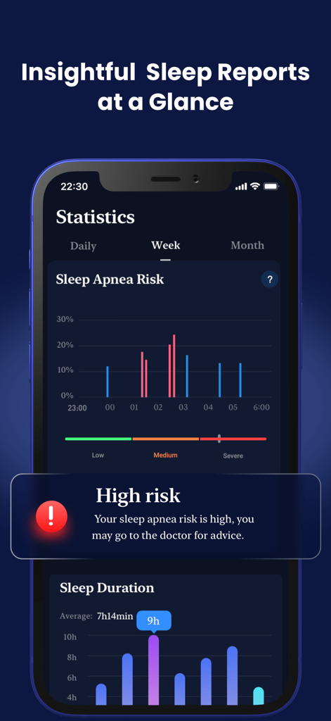 Sleep Monitor app showing weekly sleep apnea risk and duration statistics