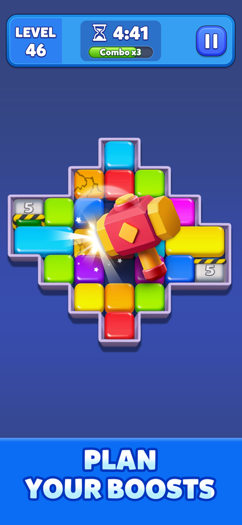 Two Blocks! - A screenshot of Two Blocks mobile puzzle game showing a hammer booster smashing colorful blocks on a grid at level 46.