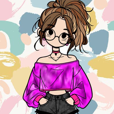 girl with a messy ponytail glasses a baggy crop top and jean shorts