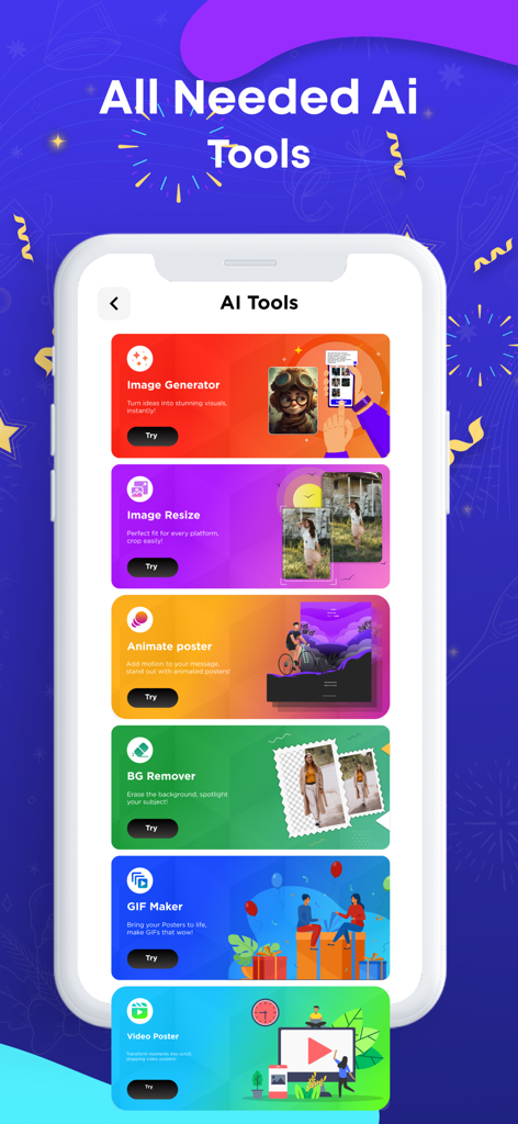 Flyer Maker · Poster Maker - Interfaz de la aplicación Flyer Maker mostrando varias herramientas de IA como Generador de Imágenes y Eliminador de Fondos