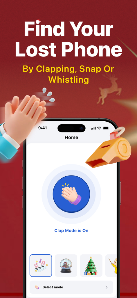 Clap Find My Phone by Clapping - Smartphone app screen showing clap and whistle detection features to find a lost phone