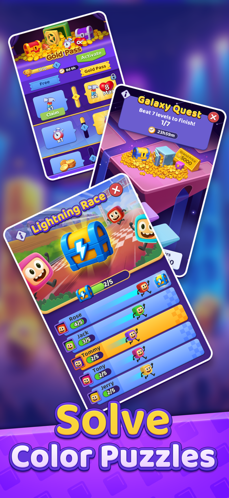 Capture d'écran de Slide Block Color Match Jam montrant des événements en jeu, y compris le classement du Gold Pass, de la Quête Galactique et de la Course Éclair.