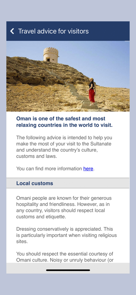 Foreign Ministry of Oman - Écran de l'application du ministère des Affaires étrangères d'Oman affichant les conseils de voyage et les coutumes locales pour les visiteurs