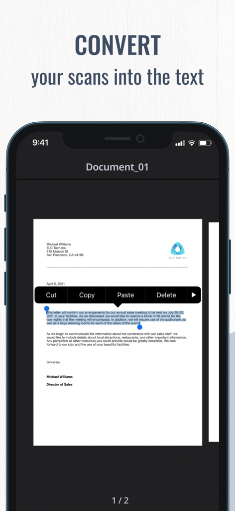Document Scanner PDF Converter - Mobile app interface showing OCR technology converting a scanned document into editable text with a copy and paste menu.