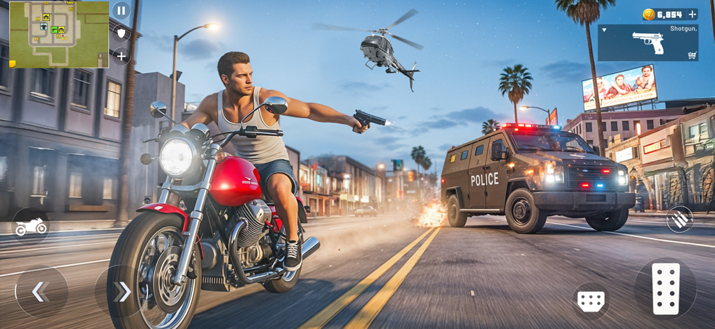 Rogue City Crime Gangster Game - Action-packed police chase in Rogue City with a gangster on a motorcycle shooting at an armored van.