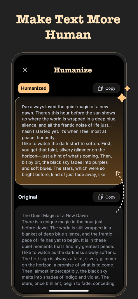 Scribbly: AI Detector Tool - Scribbly app interface showing the Humanize feature to rewrite AI text into natural human language.