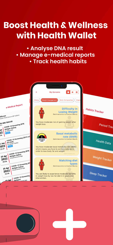 Doctor2U by BP Healthcare - Doctor2U app interface showing the Health Wallet feature with DNA analysis e-medical reports and habits tracker