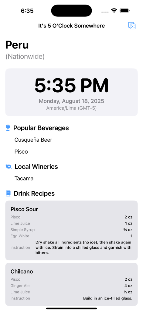 It's 5 O'Clock Somewhere - Screenshot of Its 5 OClock Somewhere app displaying drink recipes for Peru including Pisco Sour