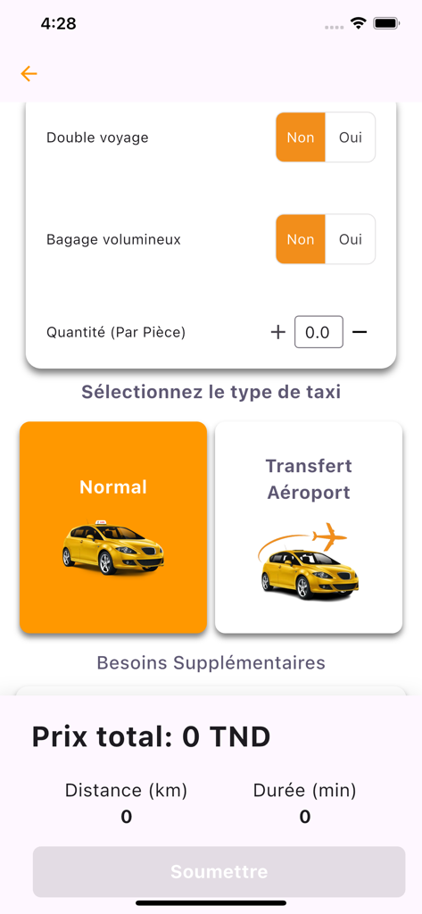 공항 이동 및 수하물 옵션을 포함한 택시 유형 선택을 보여주는 DayTruck 앱 화면