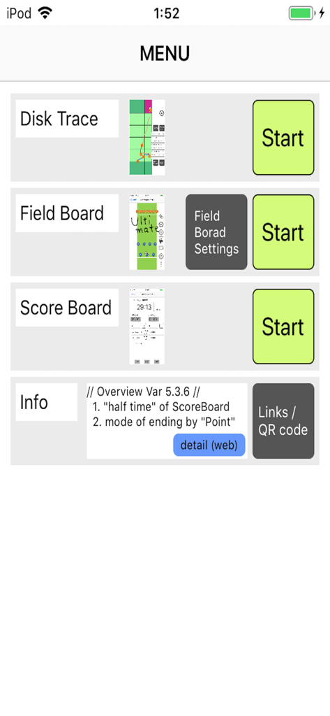 Menu principale dell'app Sports Board che mostra le opzioni per Disk Trace Field Board e Score Board per l'ultimate frisbee