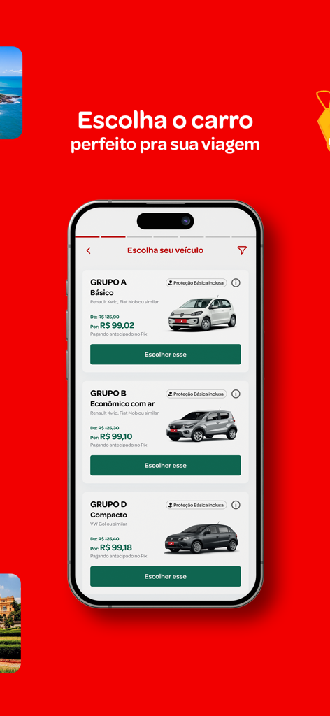 Tela do aplicativo móvel Foco Aluguel de Carros exibindo diferentes categorias de aluguel de carros e tarifas diárias