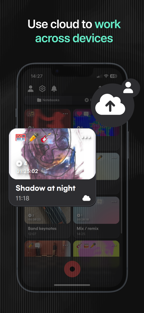 Dubnote: Where Songs Start - Schermata dell'app Dubnote che mostra la funzione di sincronizzazione cloud per creatori musicali