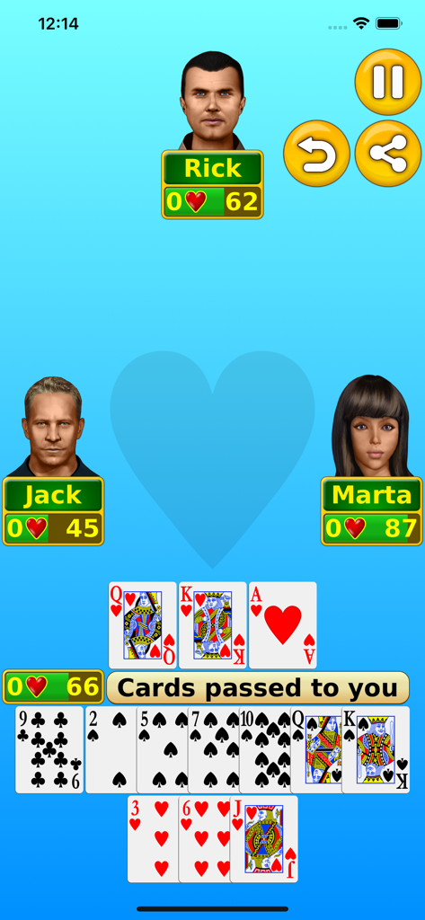 Jogabilidade do aplicativo móvel de Copas apresentando avatares e cartas sobre um fundo azul claro.