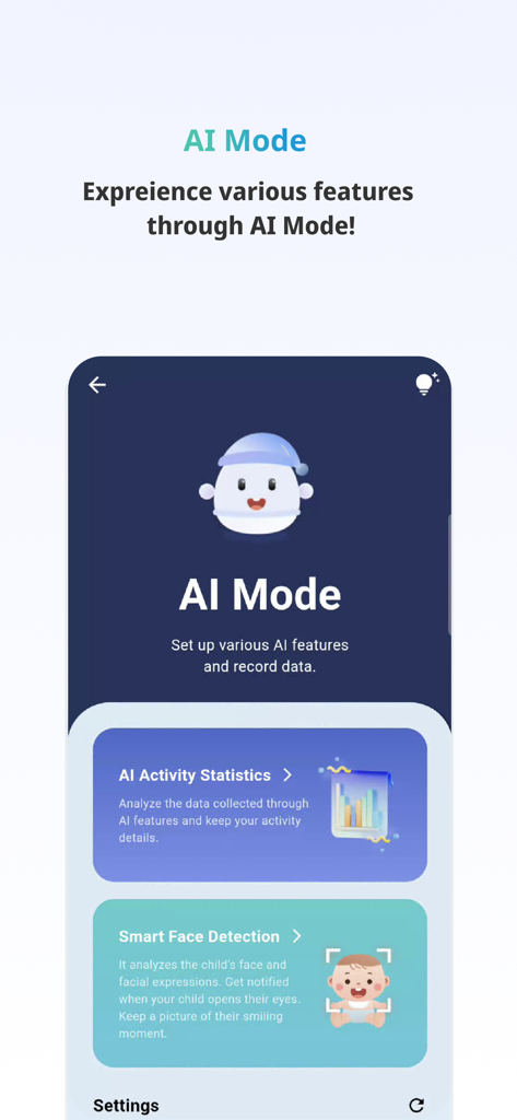 EGLOO - EGLOO app screen displaying AI Mode with smart face detection and activity statistics features.