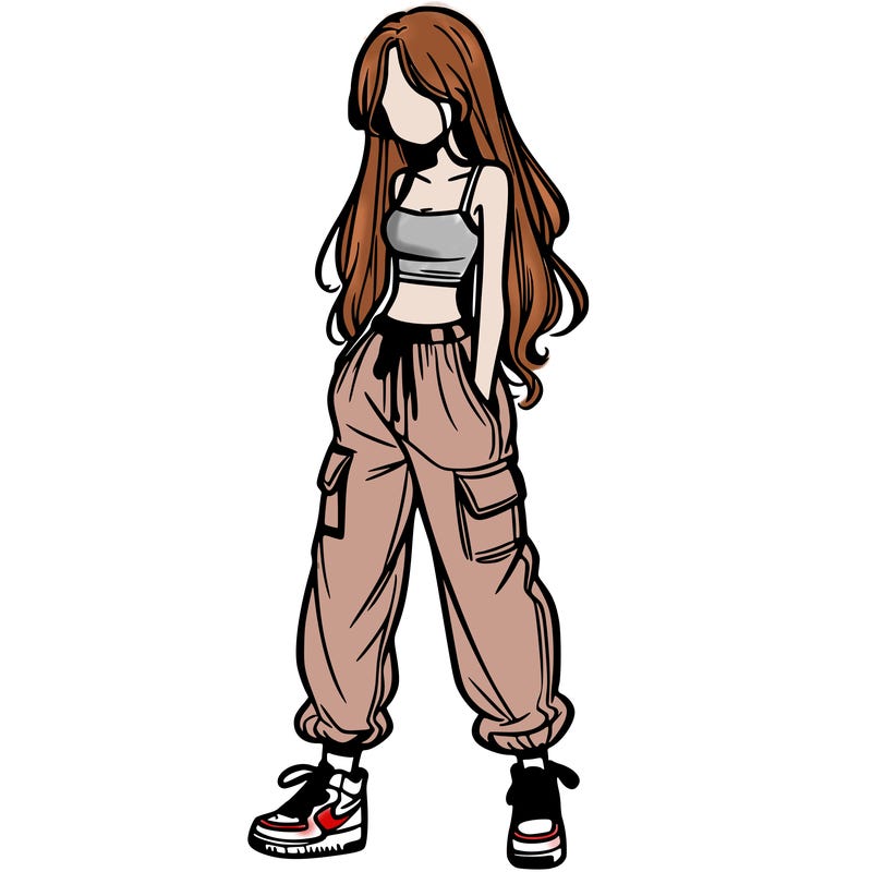 girl in baggy pants crop top and long hair