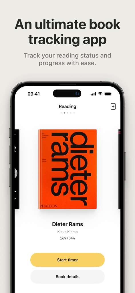 Bookology: Book Tracker - Bookology app screen showing current reading progress and start timer button
