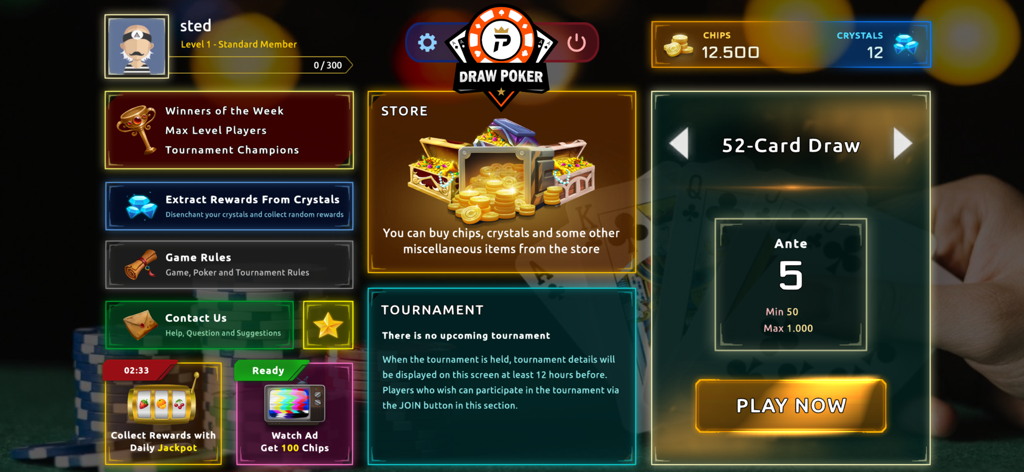 El lobby principal de Draw Poker Online mostrando modos de juego, perfil de usuario y artículos de la tienda