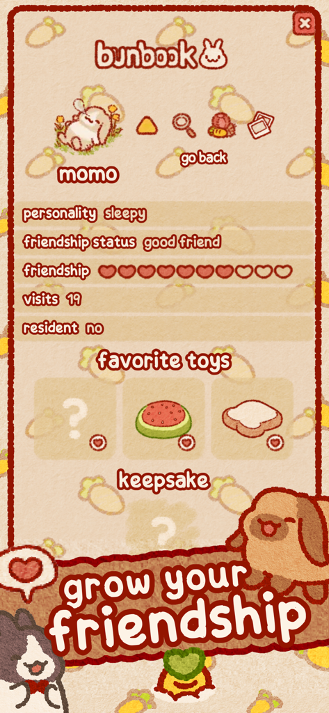 Usagi Shima: Cute Bunny Game - A screenshot of the Usagi Shima Bunbook showing a sleepy bunny named Momo with his friendship status and favorite toys.