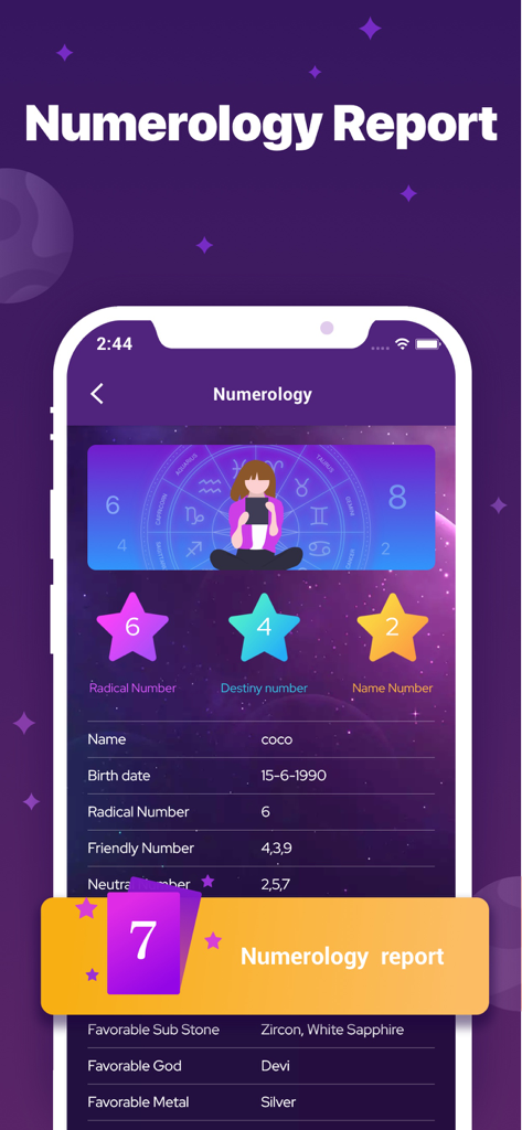 Pantalla detallada del informe de numerología de la aplicación Quiromancia y Horóscopo.