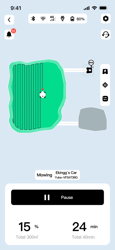 Mammotion - Real-time map interface of the Mammotion app tracking a robotic lawn mower path
