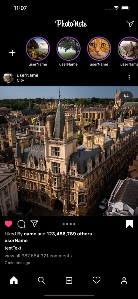 A screenshot of the PhotoNote app interface showing a private photo feed that mimics the layout of Instagram including stories and likes