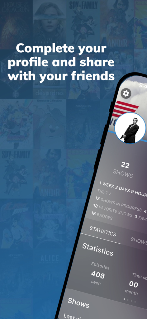 BetaSeries - TV Shows & Movies - BetaSeries app profile screen displaying TV show statistics and viewing history.
