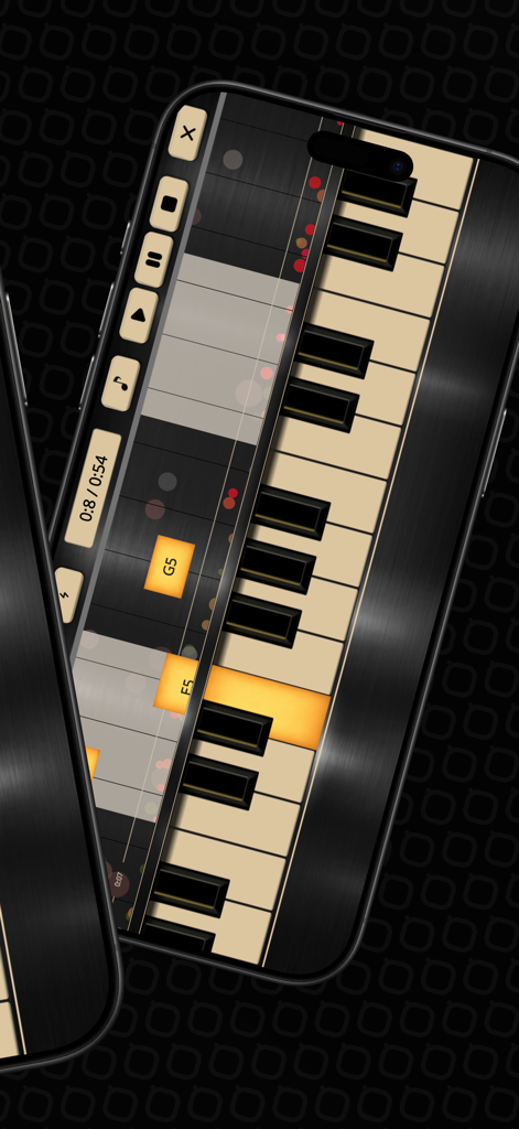 Harmonica Sim - A mobile application interface for Harmonica Sim displaying a virtual keyboard with falling notes and music recording controls
