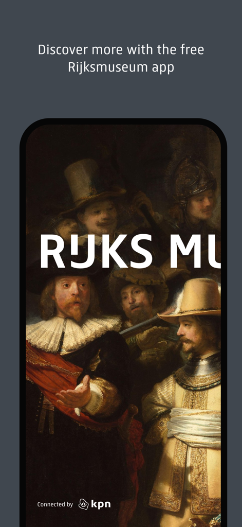 Rijksmuseum - Rijksmuseum mobile app welcome screen featuring Rembrandt painting The Night Watch