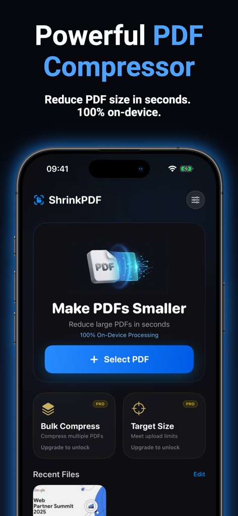 PDFファイルサイズを縮小するツールとPDF選択ボタンが表示されているShrinkPDFアプリのメイン画面