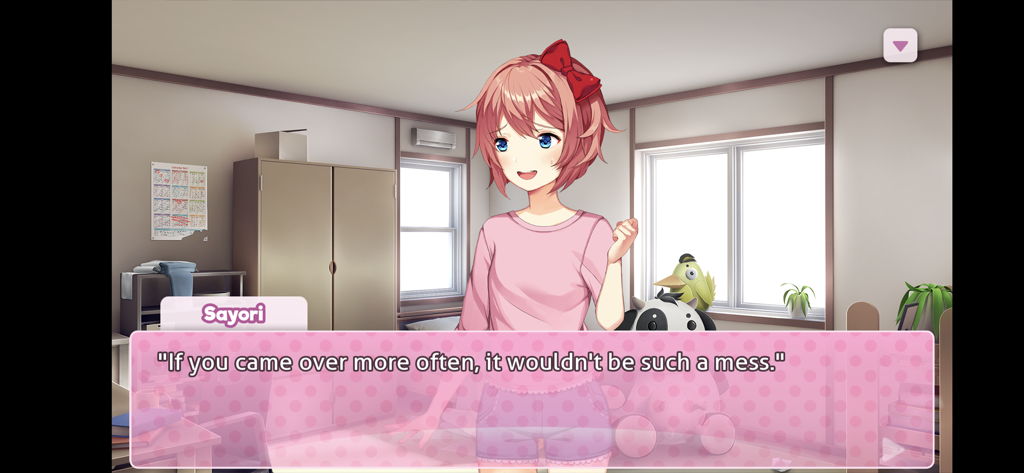Doki Doki Literature Club! - Sayori standing in her bedroom with a dialogue box in Doki Doki Literature Club