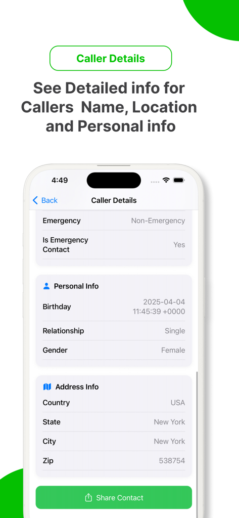 Interface of the Who Call Pro app displaying detailed caller information including personal details and location data