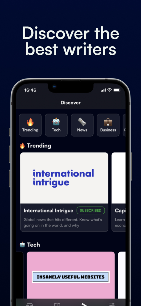 Newsletter Reader by Meco app Discover screen showing trending and tech newsletter categories