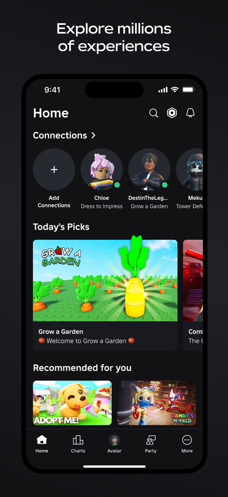 L'écran d'accueil de l'application mobile Roblox montrant les connexions sociales et les expériences de jeu recommandées.