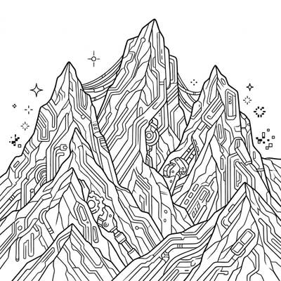 Journey into a futuristic world with this exciting Cyberpunk Arete Mountain coloring page, designed especially for kids. Discover sharp, tech-infused peaks and intricate details that await your creative touch.