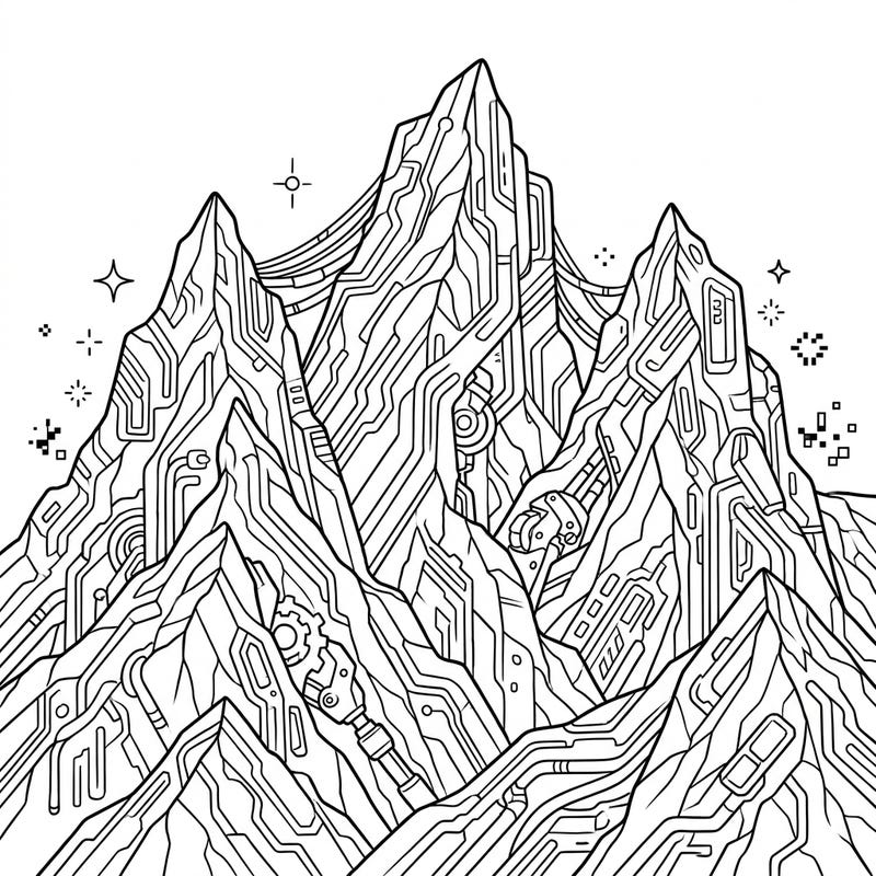 Journey into a futuristic world with this exciting Cyberpunk Arete Mountain coloring page, designed especially for kids. Discover sharp, tech-infused peaks and intricate details that await your creative touch.