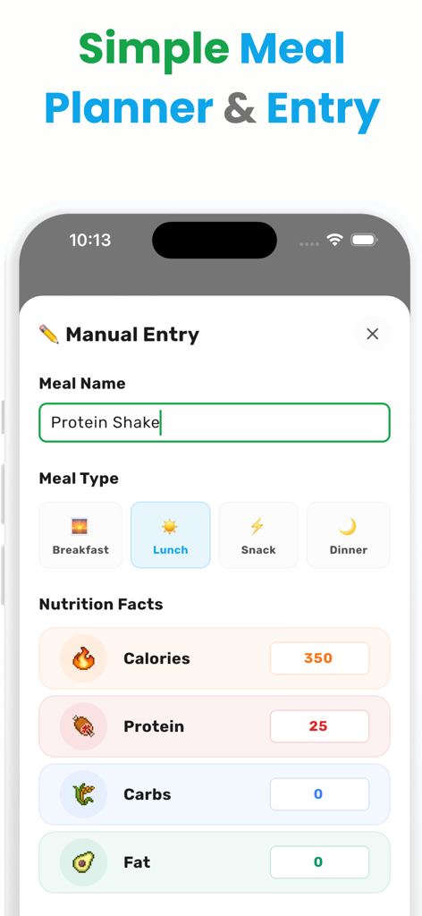 A screen for manual meal entry in the Kalee app showing nutrition facts like calories and protein with pixel art icons