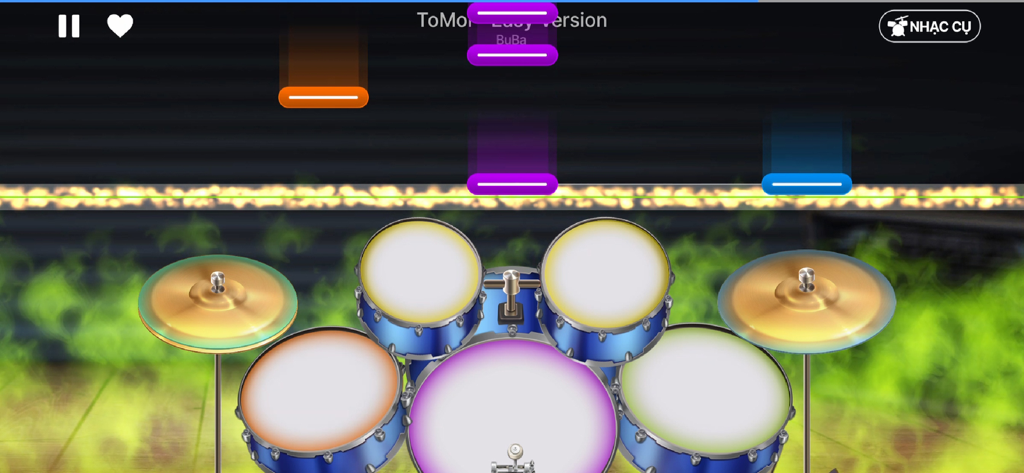 Drum Live - Gameplay of Drum Live app showing a virtual drum kit with falling rhythm notes