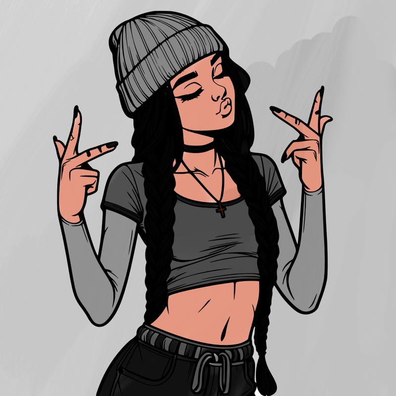 realistic teenage girl with braids and a beanie and crop top doing 🫶🏼