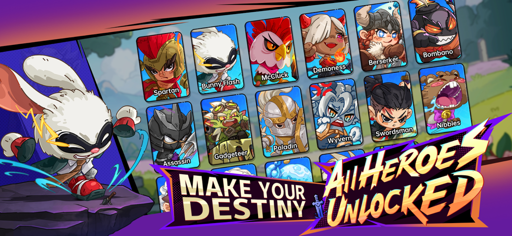 Hero's Land: GrimLoot - A grid of various character portraits in Heros Land GrimLoot with the promotional text All Heroes Unlocked