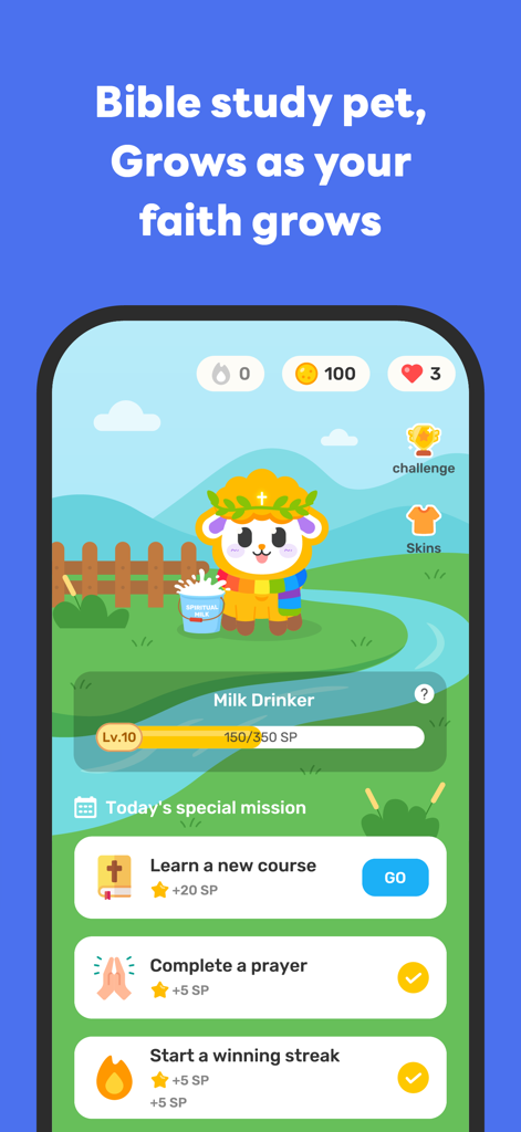 Manna: Daily Bible Study - Interfaz de la app Manna Bible Study mostrando una mascota espiritual gamificada y misiones diarias