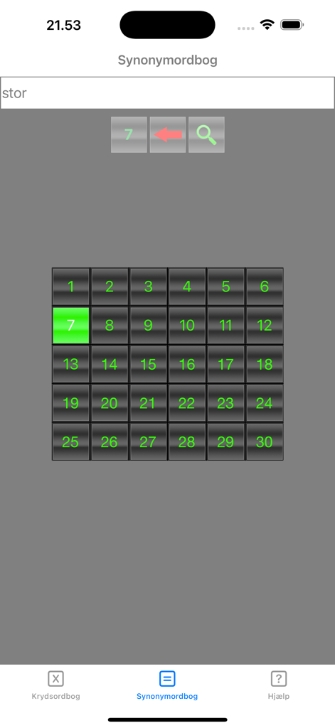 DanKryds - DanKryds app interface showing synonym dictionary search with word length selection grid